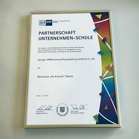 IHK Dresden Urkunde, für das Engagement in einer Partnerschaft zwischen Gerodur und der Oberschule "Am Knöchel" in Sebnitz