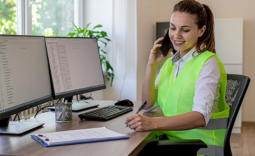 Gerodur Auszubildender Spedition sitzt am Schreibtisch und telefoniert