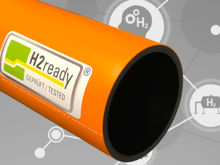 Gerodur Gasrohr Computergrafik mit H2ready Prüfzeichen, für den Transport von Wasserstoff zertifiziert